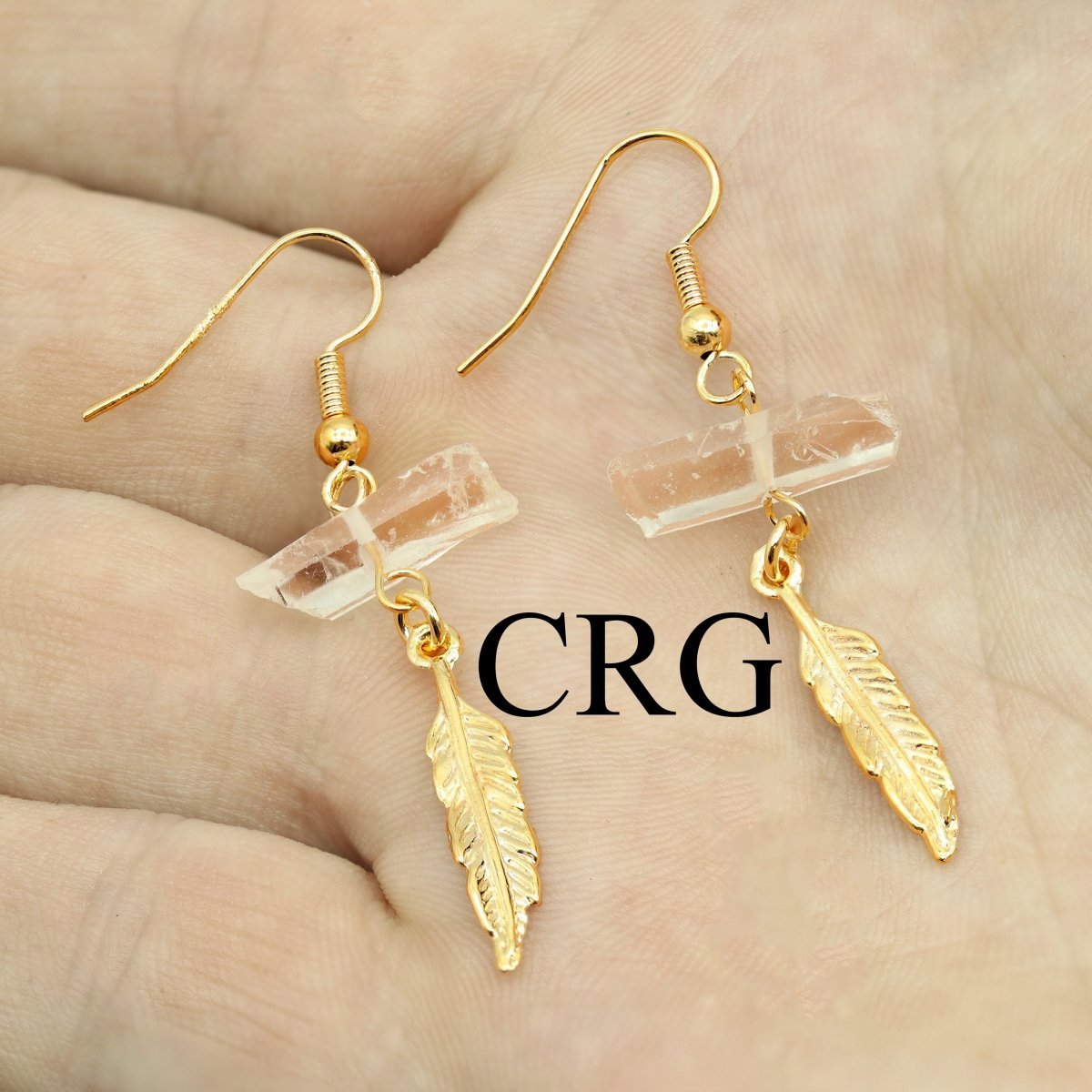 Clear Quartz Point Earrings with Gold Plated Feather Charm and Wire (2 Inches) (1 Pair)