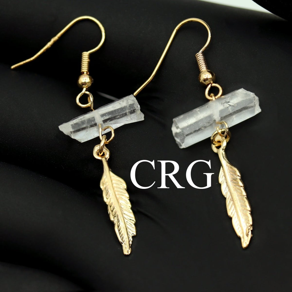 Clear Quartz Point Earrings with Gold Plated Feather Charm and Wire (2 Inches) (1 Pair)