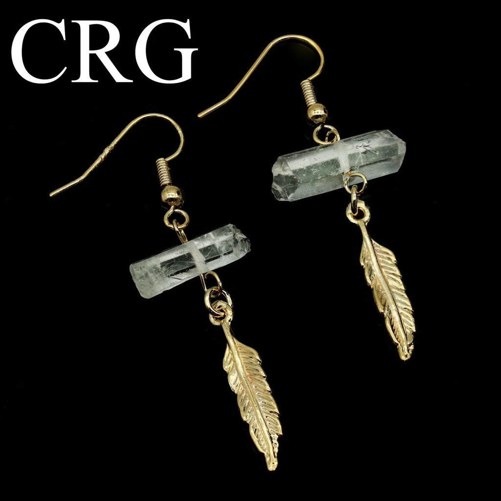 Clear Quartz Point Earrings with Gold Plated Feather Charm and Wire (2 Inches) (1 Pair)