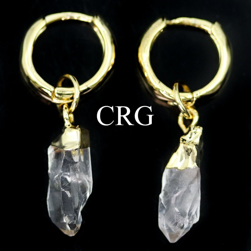 Clear Quartz Point Earrings with Gold Plated Hoop Closures (1 Inch) (1 Pair)