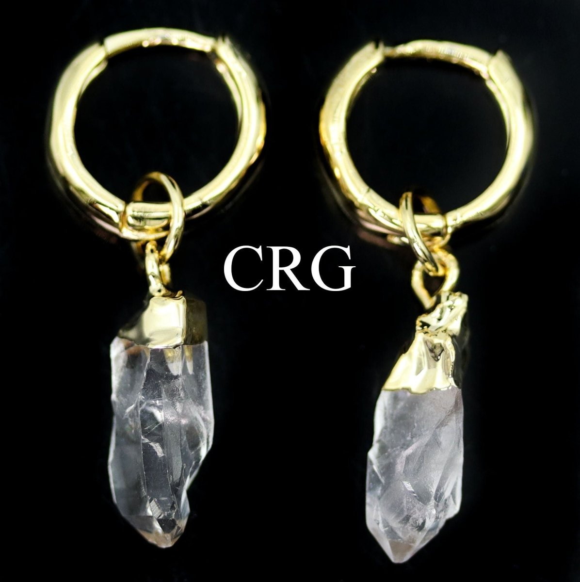 Clear Quartz Point Earrings with Gold Plated Hoop Closures (1 Inch) (1 Pair)