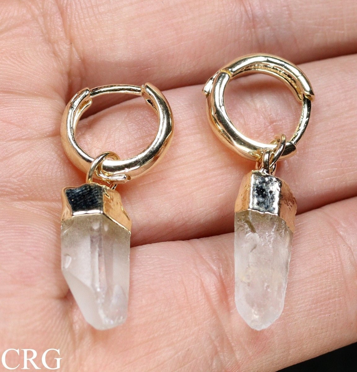 Clear Quartz Point Earrings with Gold Plated Hoop Closures (1 Inch) (1 Pair)