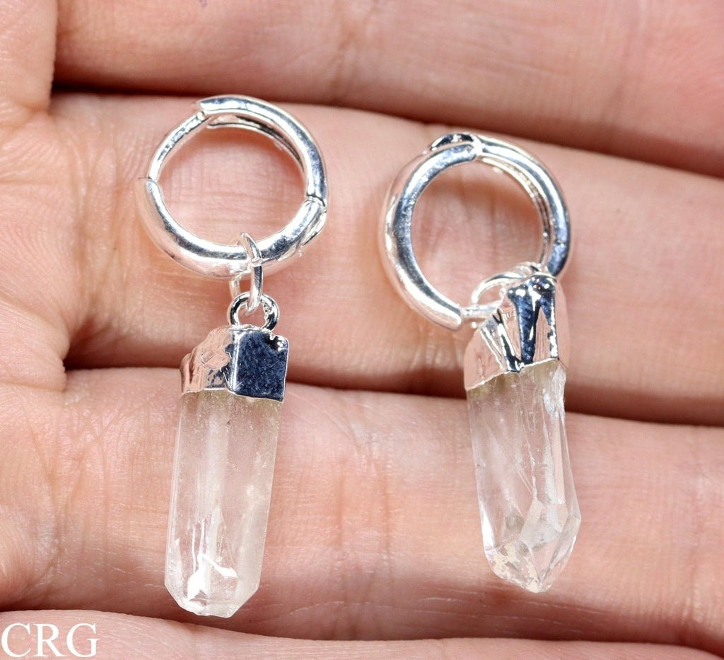 Clear Quartz Point Earrings with Silver Plated Hoop Closures (1 Inch) (1 Pair)