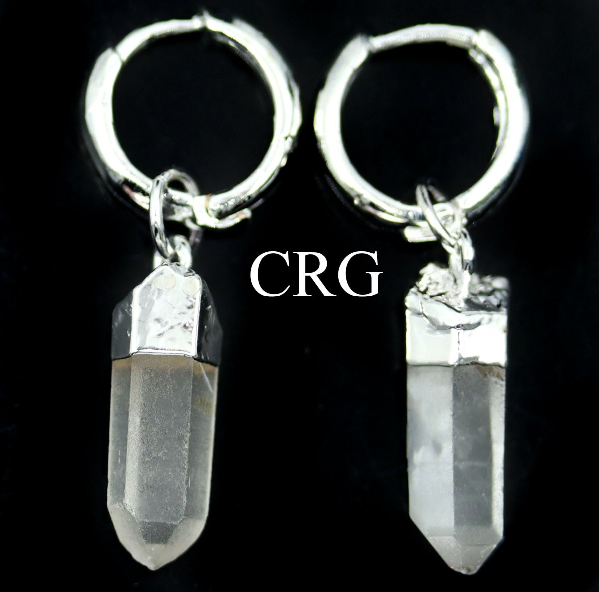 Clear Quartz Point Earrings with Silver Plated Hoop Closures (1 Inch) (1 Pair)