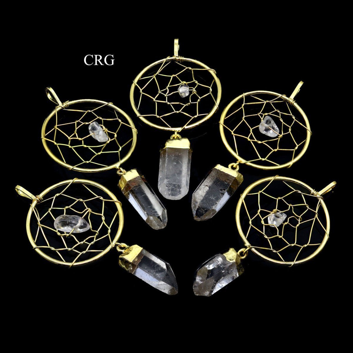 Clear Quartz Point on Gold-Plated Dream Catcher Pendant (4 Pieces) Size 1 to 2 Inches Crystal Jewelry Charm