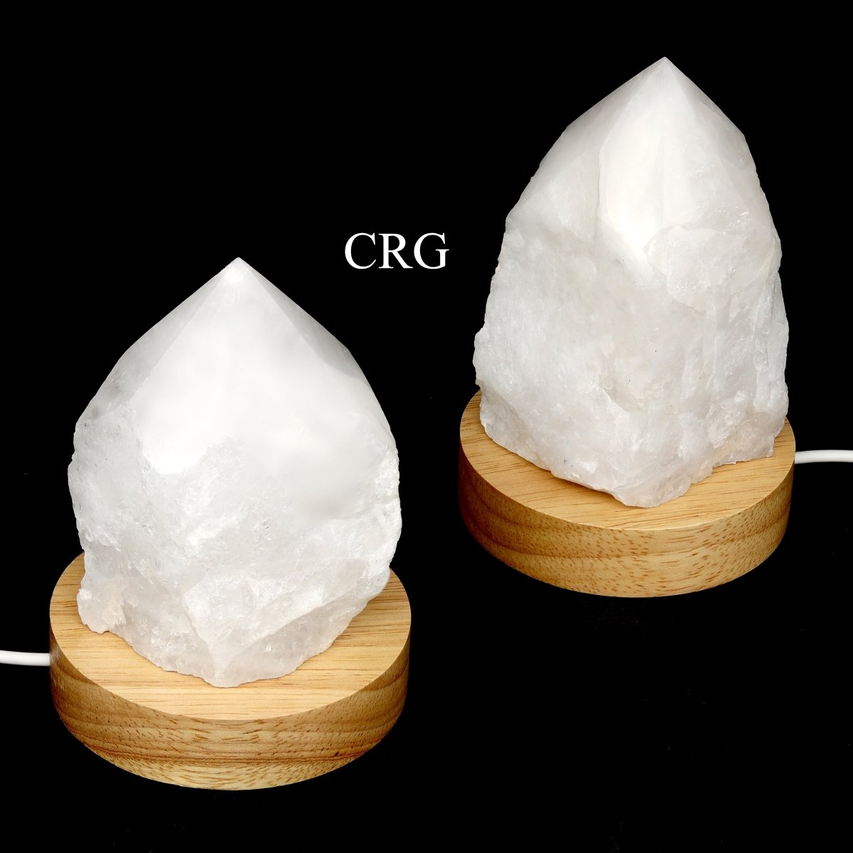 Clear Quartz Top Polished Point Lamp with 3 Inch Wooden Color Changing Light Base (2 Pieces) Size 2.5 to 3.5 Inches Crystal Home Decor