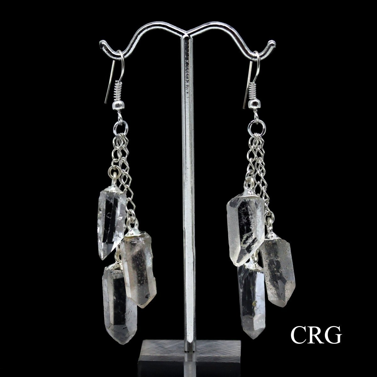 Clear Quartz Triple Point Earrings with Silver Plated Wire (2 Inches) (1 Pair)