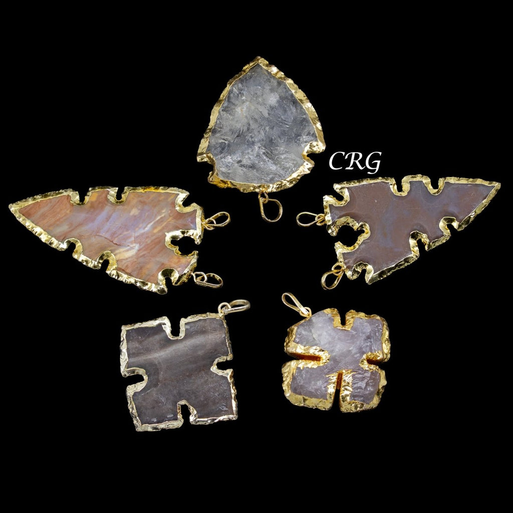 Mixed Jasper & Quartz Shaped Pendants with Gold Plating (1 To 2 Inches) (5 Pieces) (INJD)