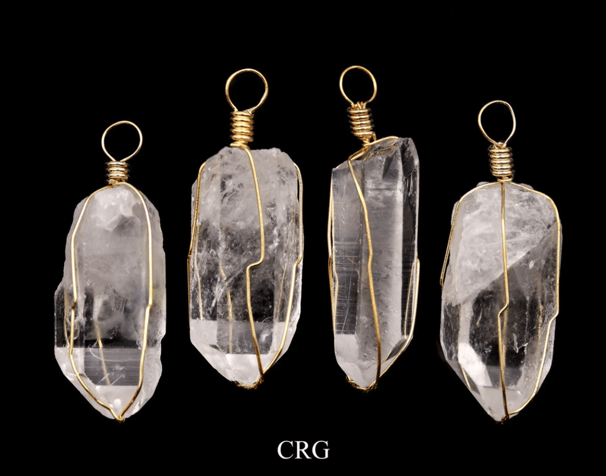 Clear Quartz Point Pendant with Gold Plated Wire Cage (1 To 1.5 Inches) (4 Pieces)