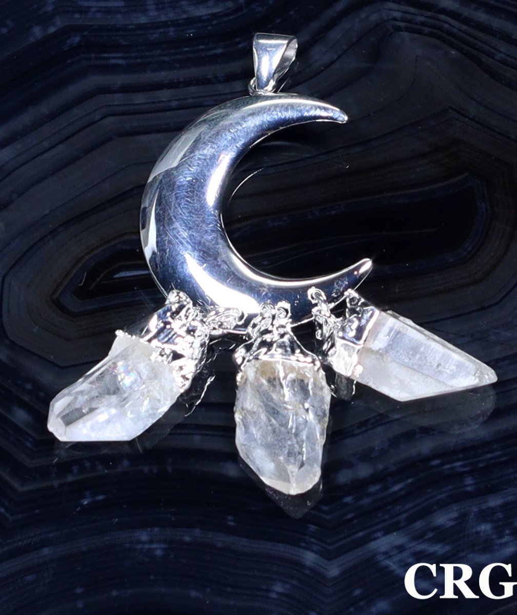 Crystal Quartz Raw 3 Point Pendant with Silver-Plated Moon (1 Inch) (1 Piece)