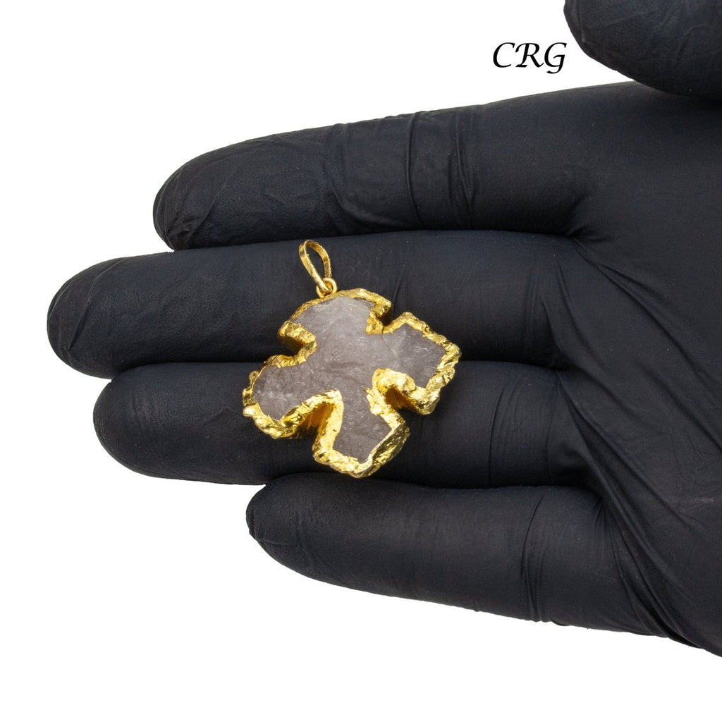 Crystal & Rose Quartz Cross Pendants with Gold Plating (5 Pieces) 1 Inch (INJD)