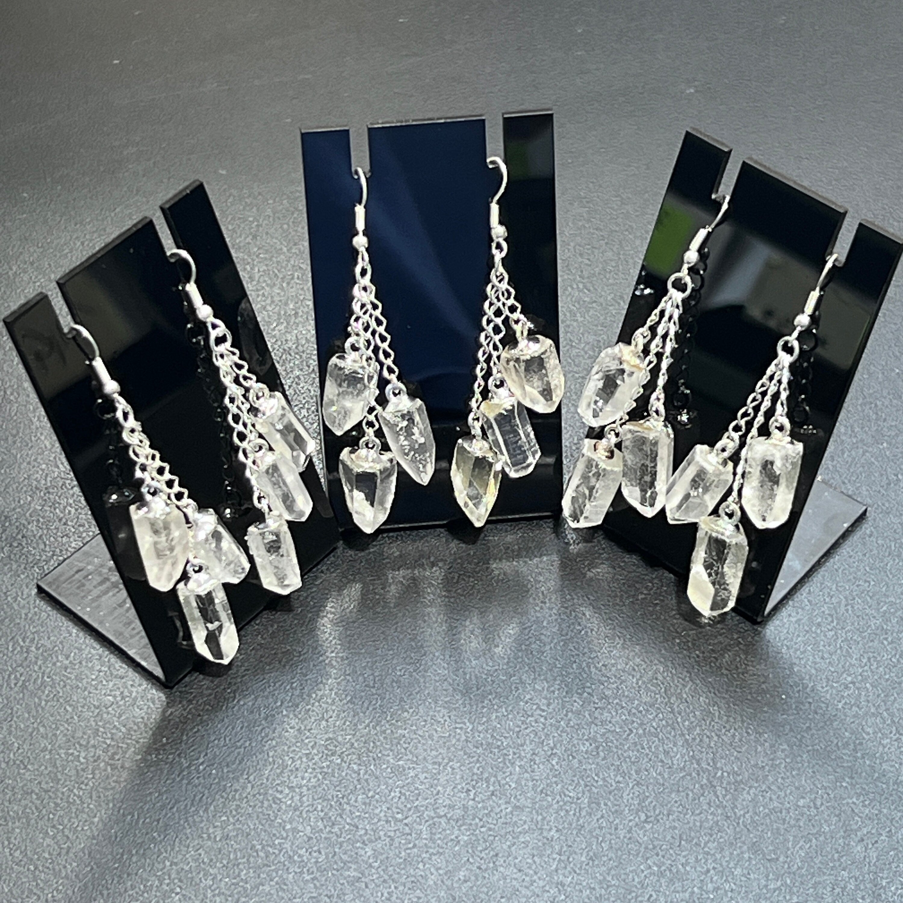 Quartz Crystal Long Earrings Pair (Silver Plated) Triple Dangle Jewelry