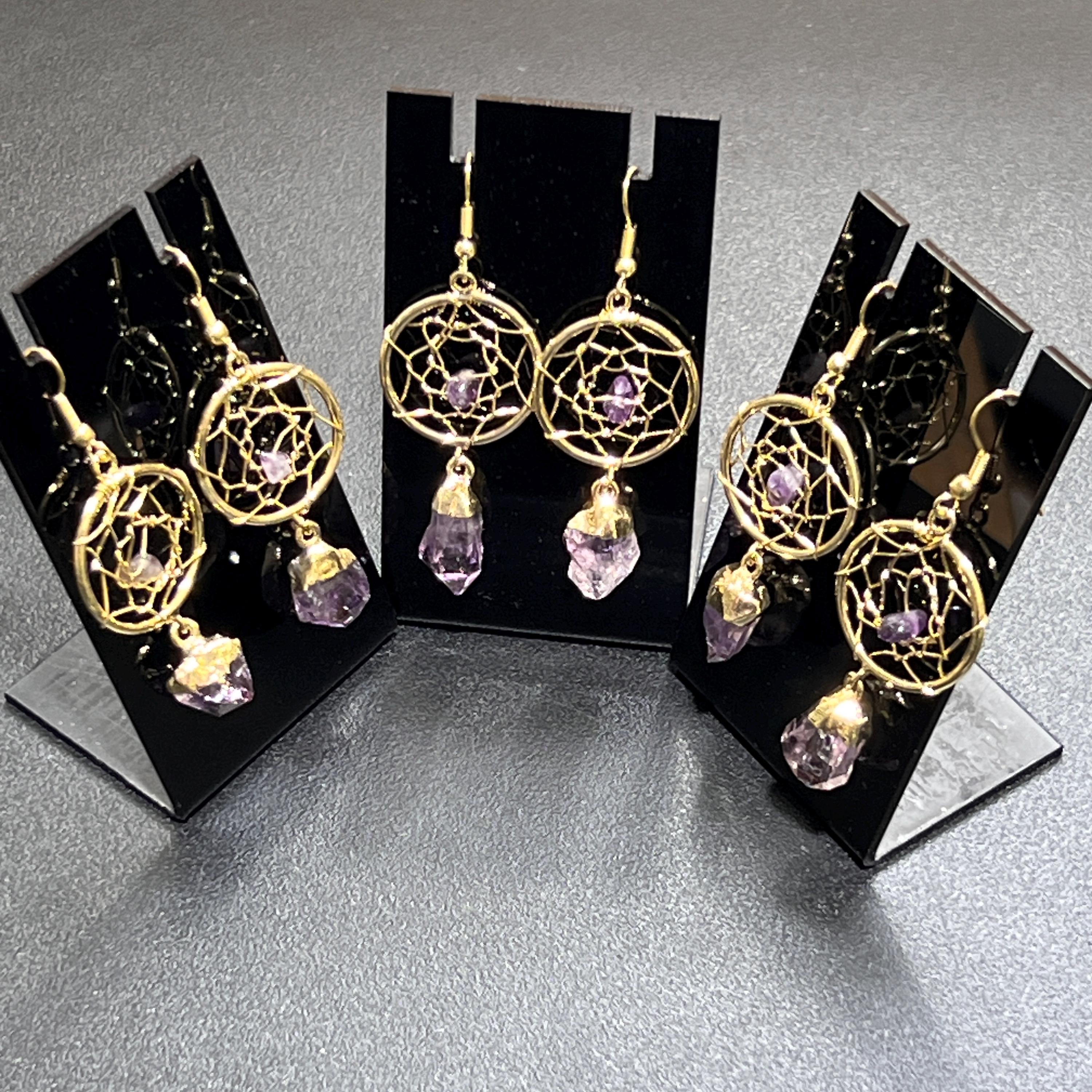 DreamCatcher Earrings Pair (Amethyst Crystal)(Gold Plated)(Stainless Steel Hooks)