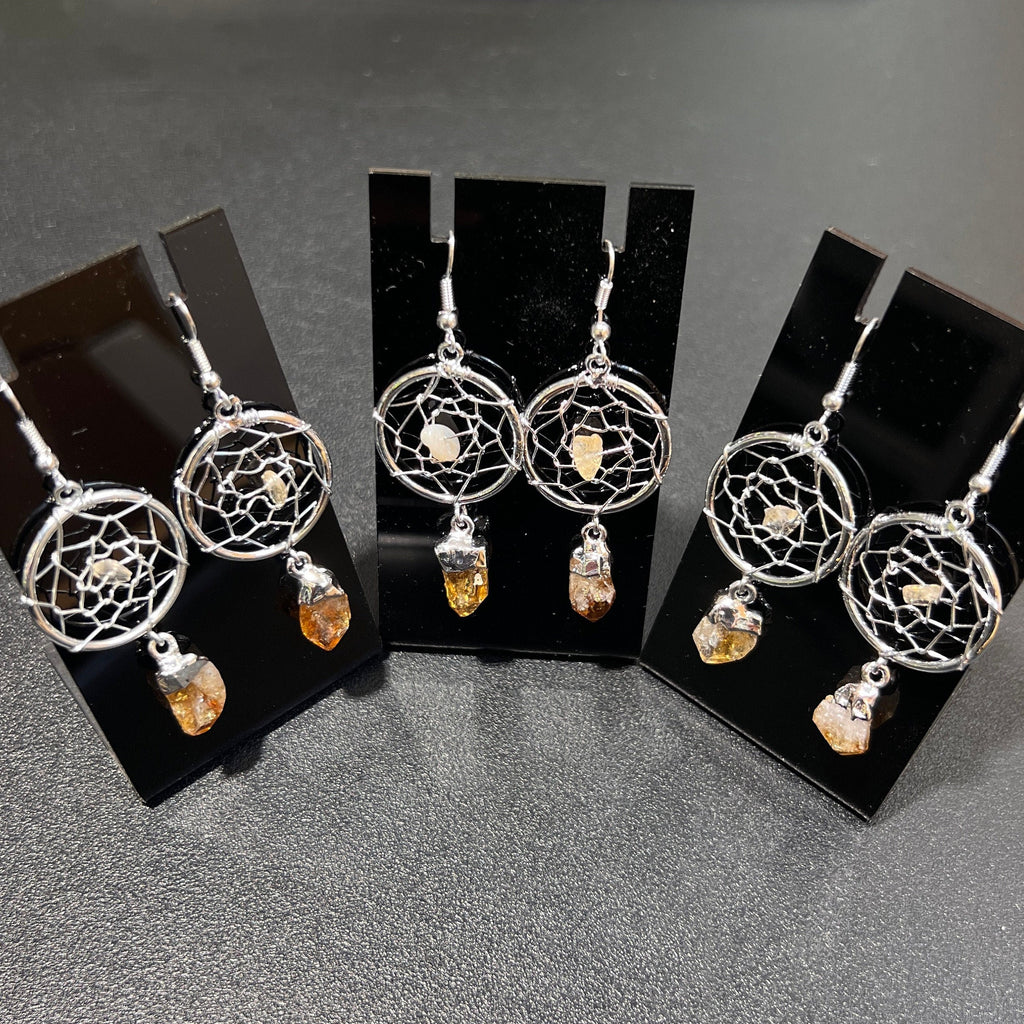 DreamCatcher Earrings Pair (Citrine Crystal)(Silver Plated)(Stainless Steel Hooks)