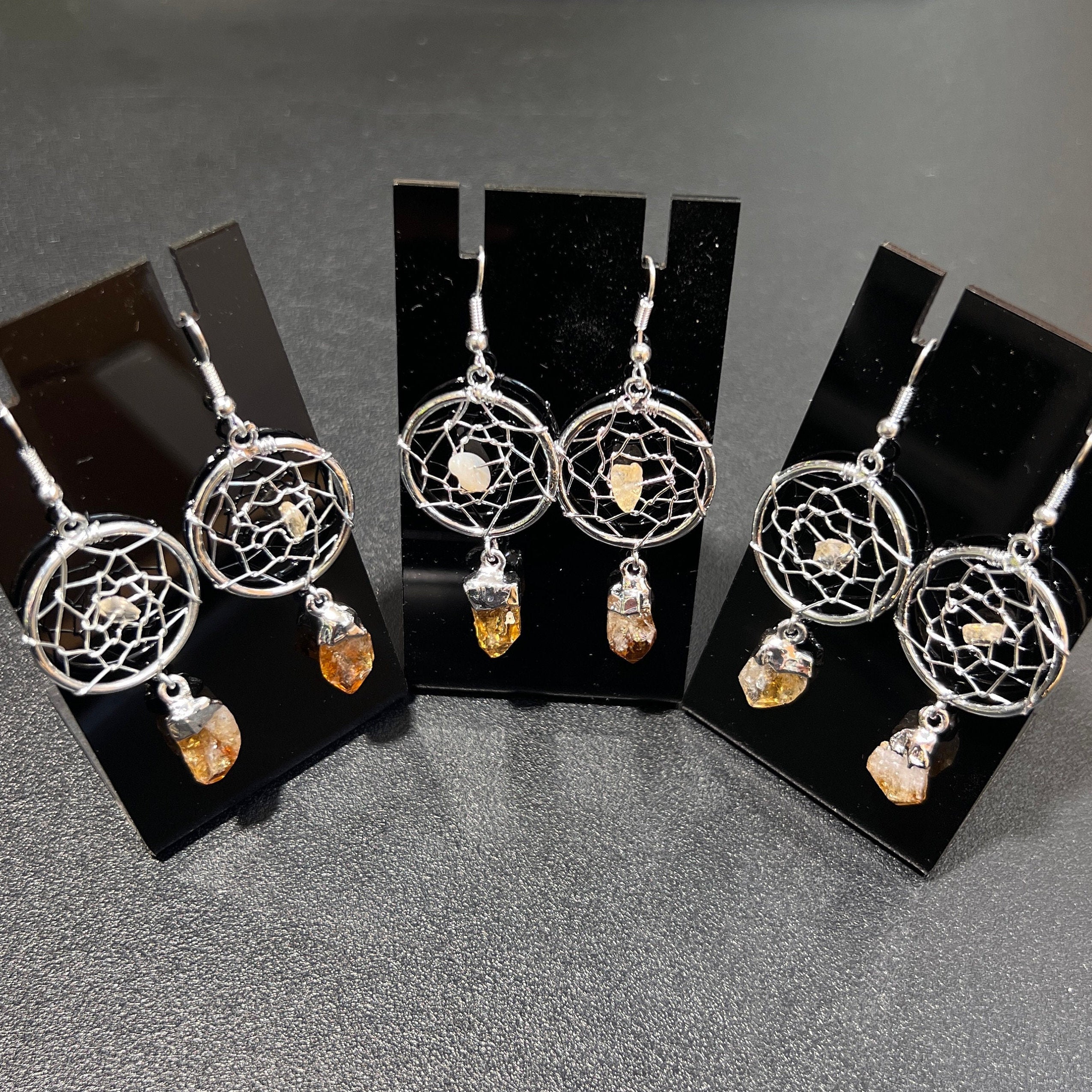 DreamCatcher Earrings Pair (Citrine Crystal)(Silver Plated)(Stainless Steel Hooks)