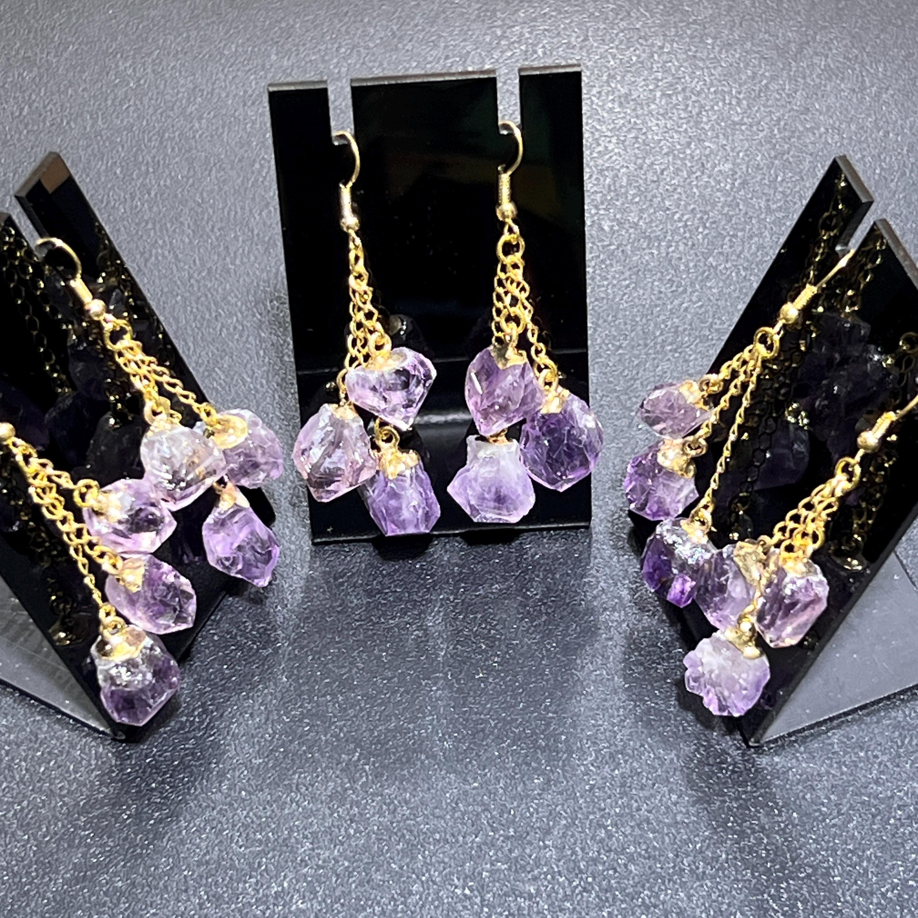 Long Dangle Amethyst Triple Crystal Point Earrings Pair (Gold Plated)