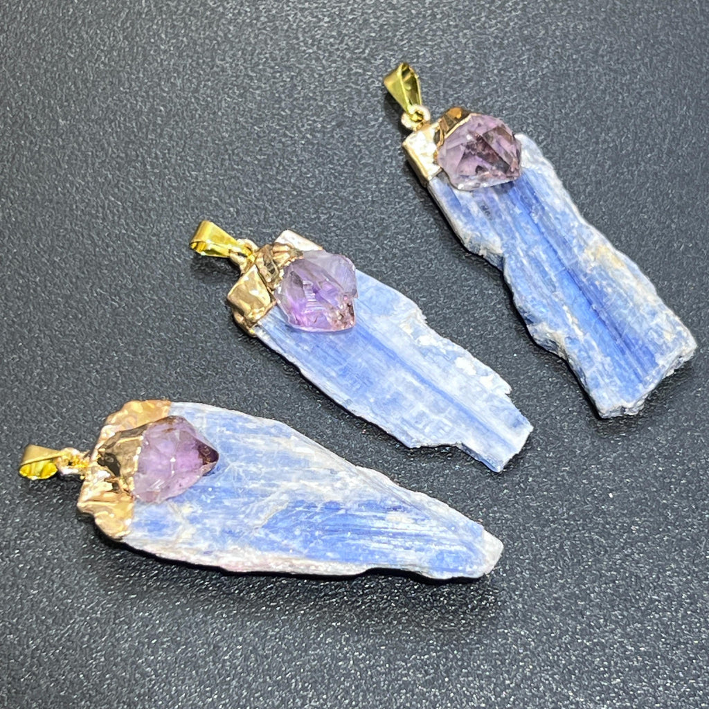 Kyanite And Amethyst Crystal Point Pendant (Gold Plated)