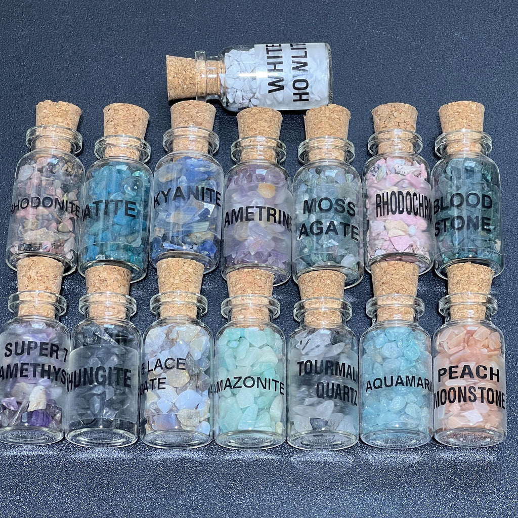 Gemstone Bottle Collection - 15-Piece Natural Rough Crystal Chips Gift Set Box Flat