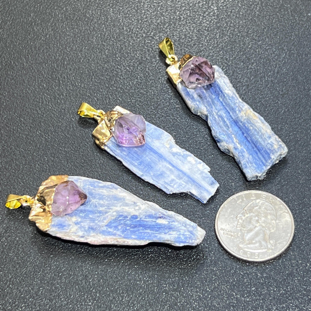 Kyanite And Amethyst Crystal Point Pendant (Gold Plated)