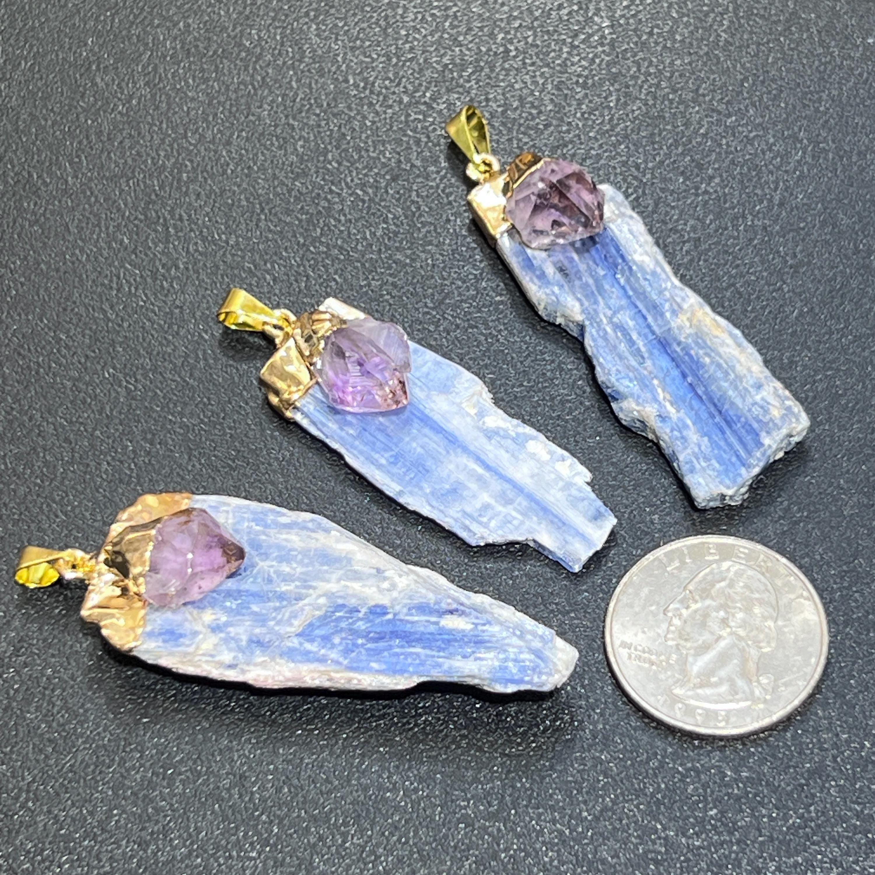 Kyanite And Amethyst Crystal Point Pendant (Gold Plated)