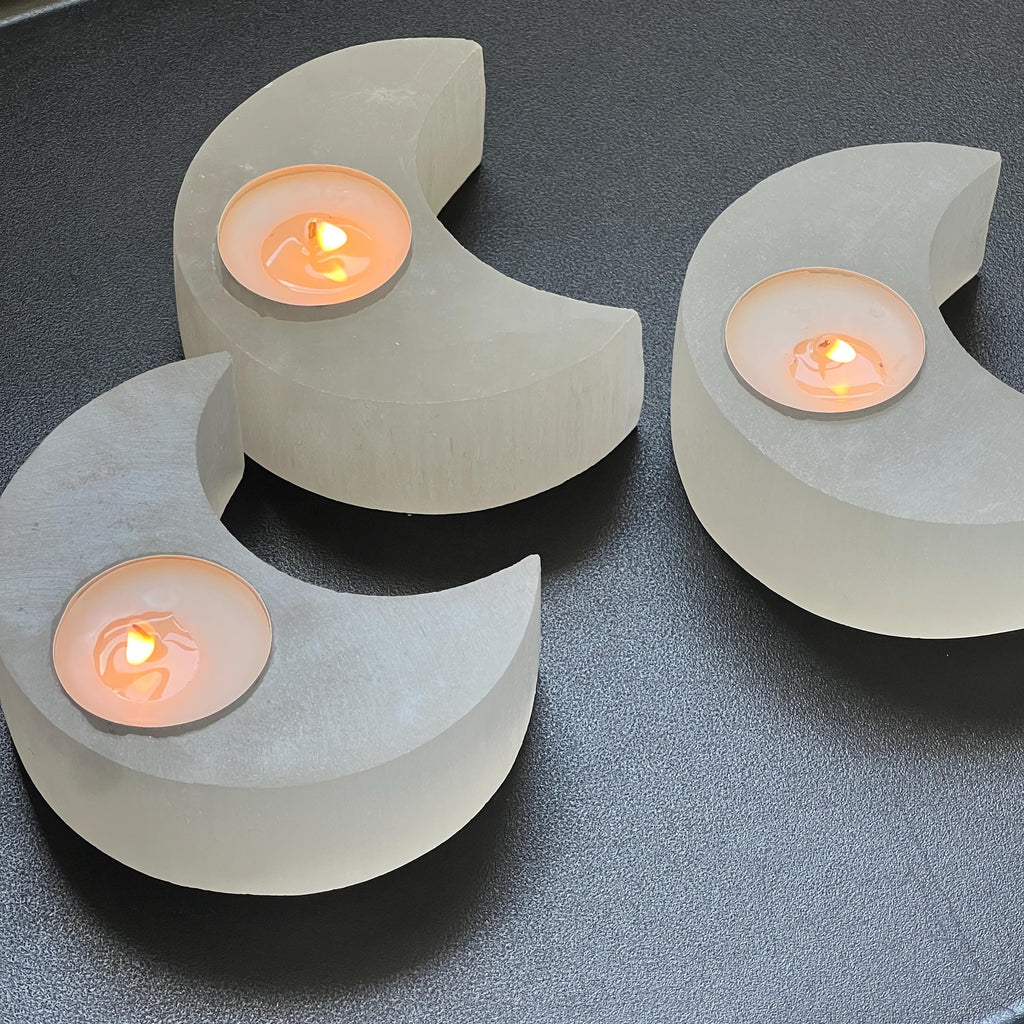 Selenite Satin Spar Crystal Crescent Moon Tealight Candle Carving