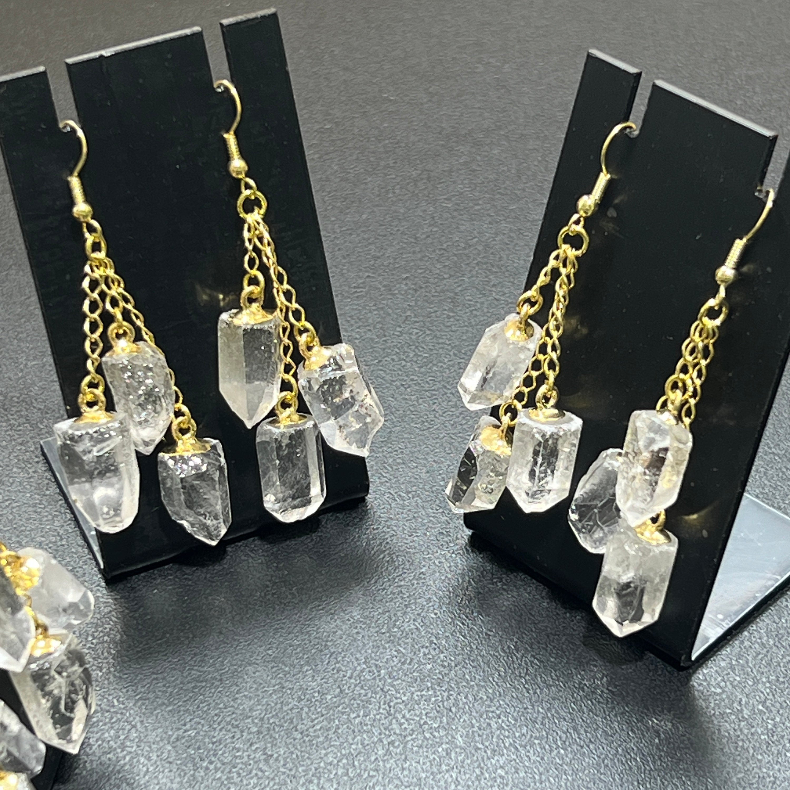 Quartz Triple Crystal Long Earrings Pair (Gold Stainless Hooks)