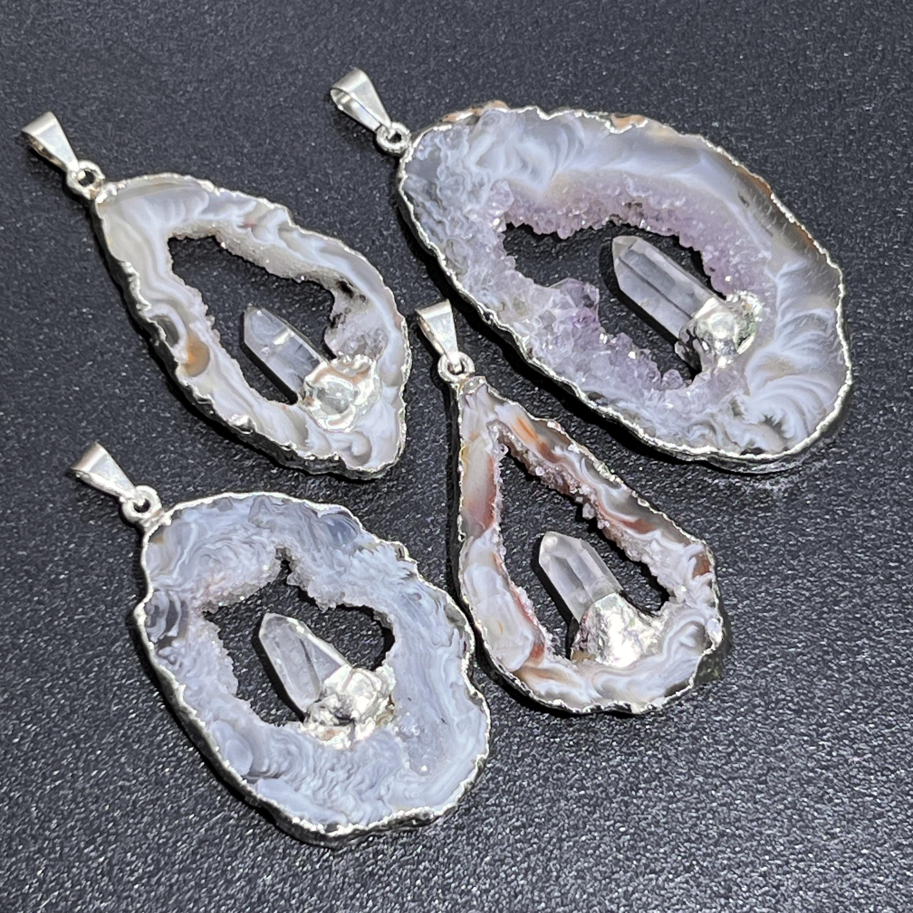 Large Brazilian Oco Geode Pendant Silver Plated with Clear Quartz