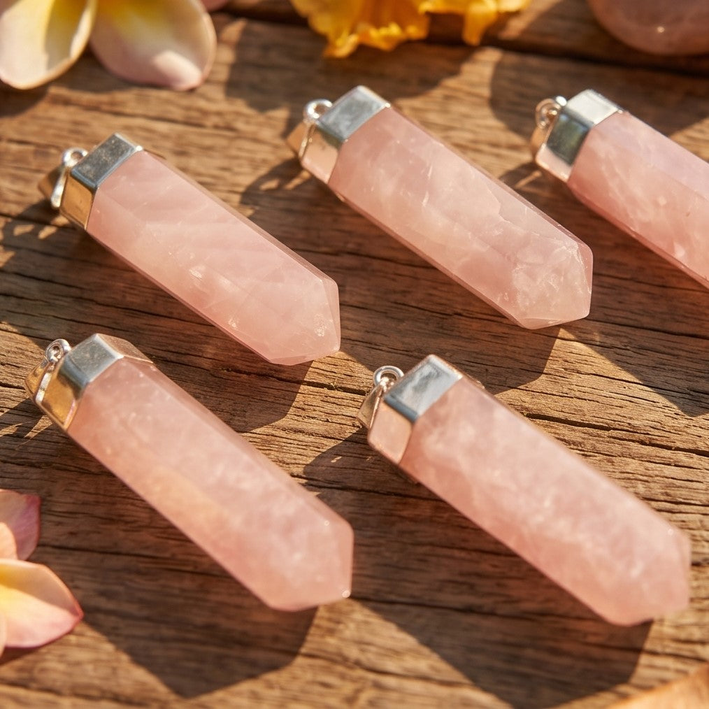 Pink Rose Quartz Crystal Point Faceted Pendant (Silver Plated)
