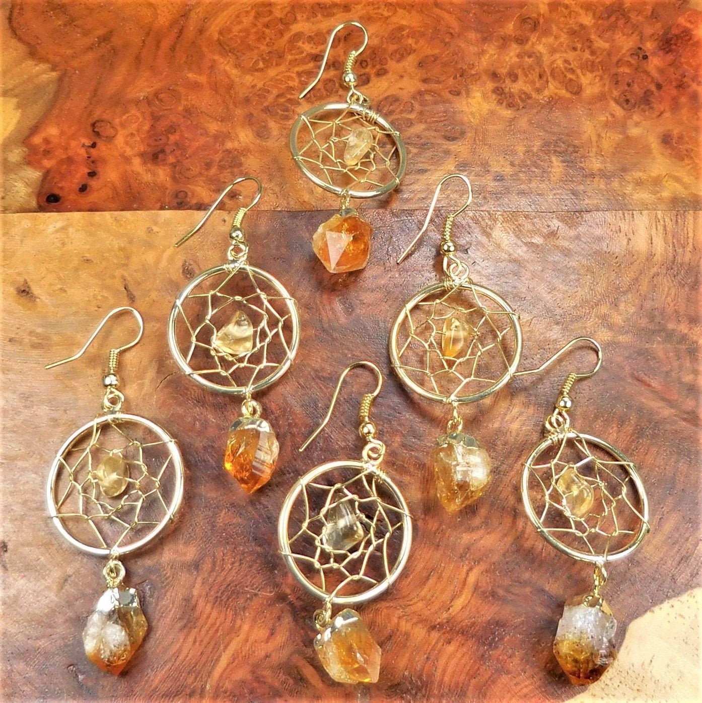 DreamCatcher Earrings Pair (Citrine Crystal)(Gold Plated)(Stainless Steel Hooks)