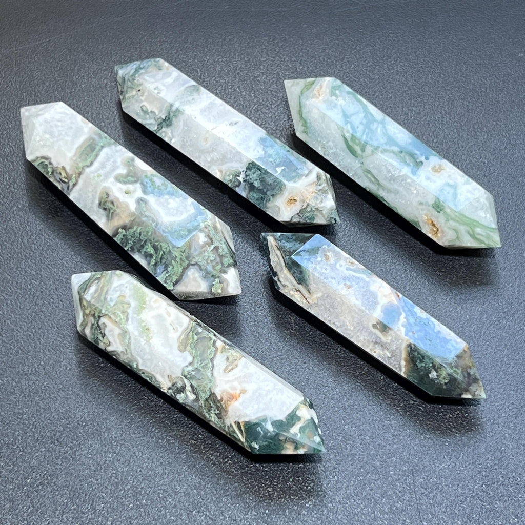 Large Moss Agate Double Point Crystal Carving