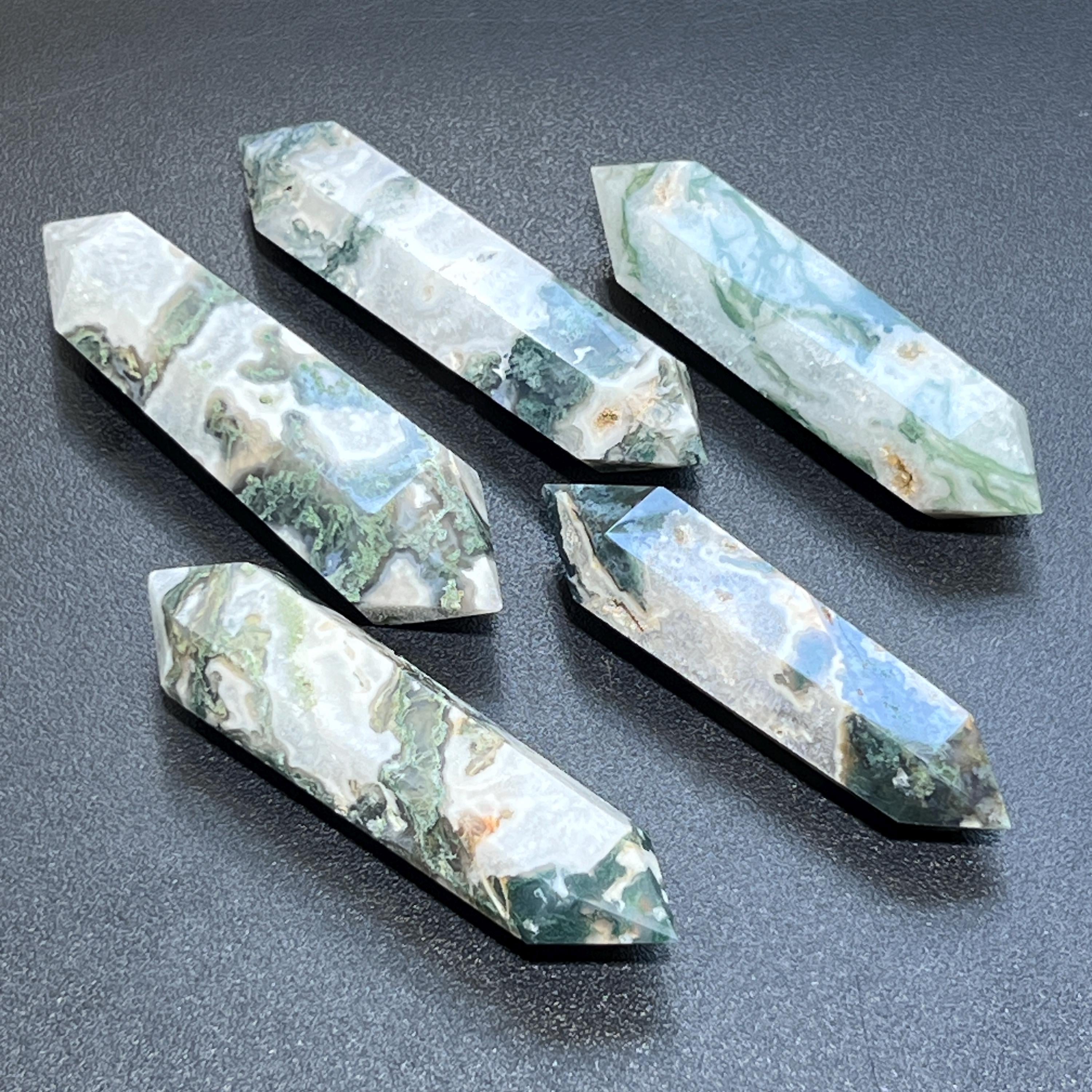 Large Moss Agate Double Point Crystal Carving