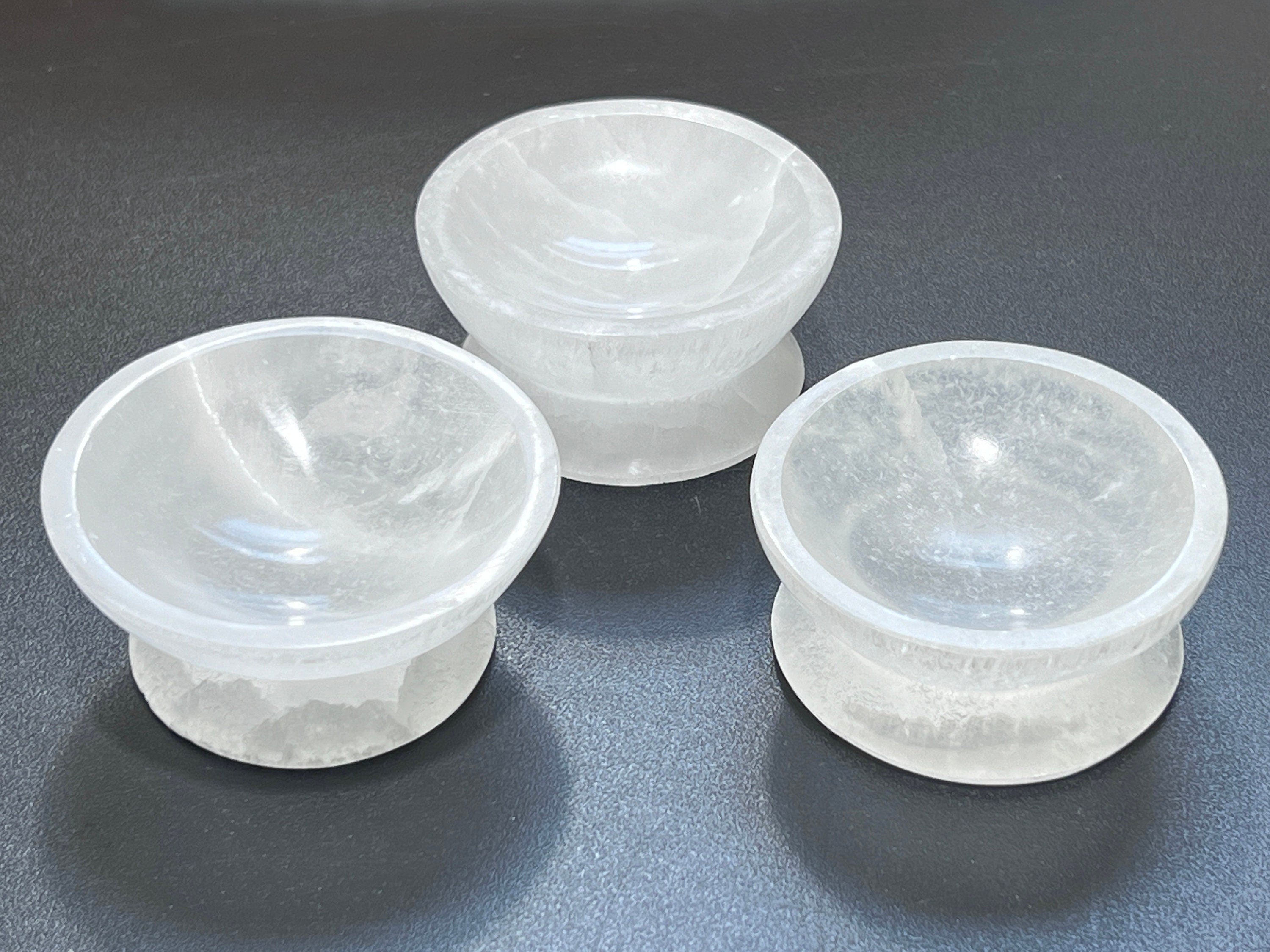 Selenite Satin Spar Crystal Bowl with Pedestal Carving