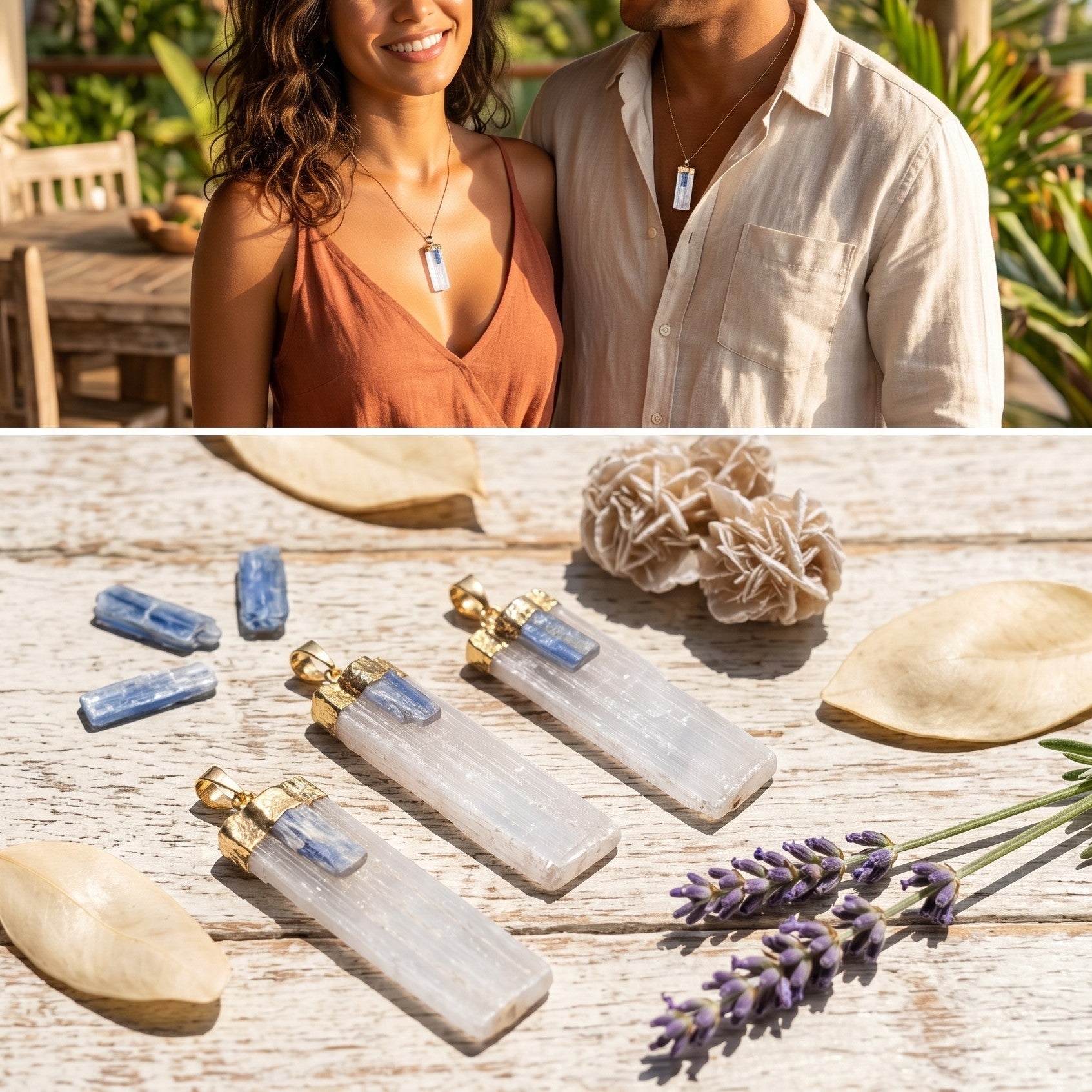 Selenite Kyanite Crystal Pendant (Gold Plated)