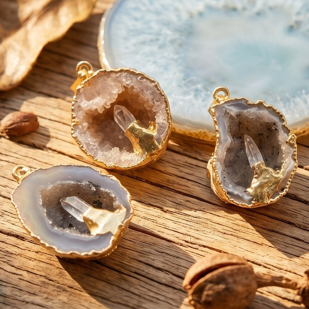 Oco Geode Druzy Crystal Pendant with Quartz Point (Gold Plated)