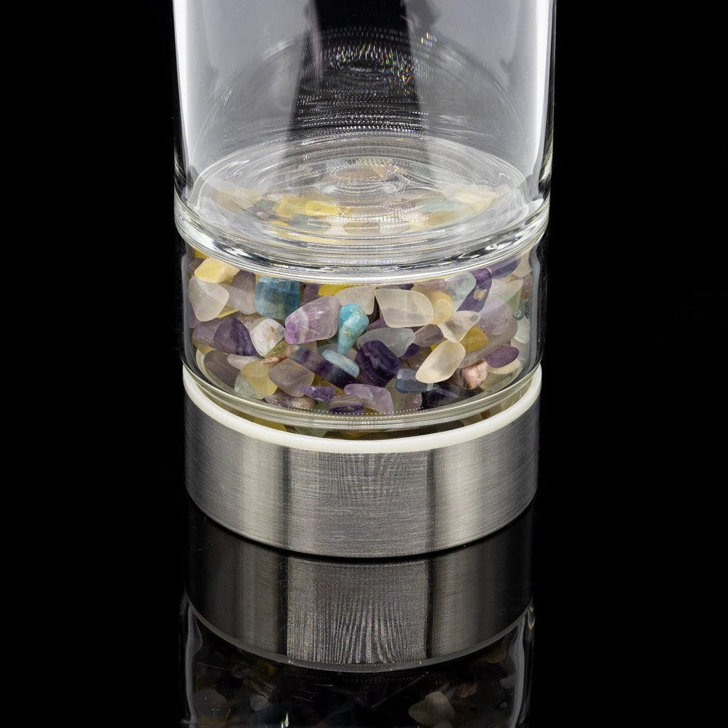 Fluorite Gemstone Metal Glass Water Bottle (1 Piece) Size 12 Inches with Black Protective Sleeve