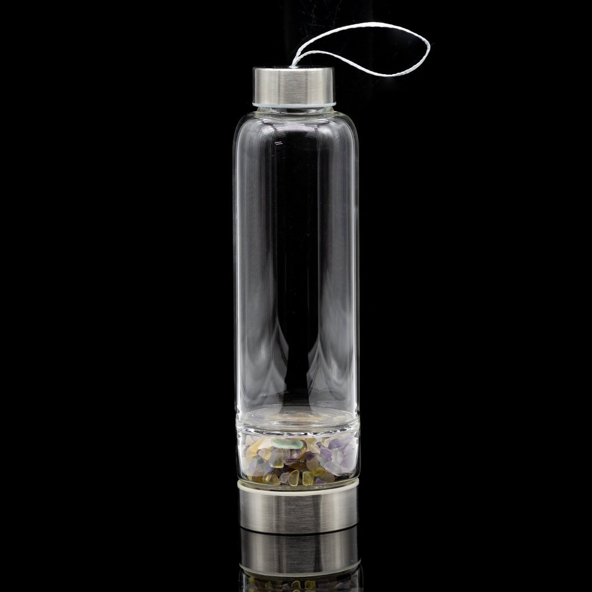 Fluorite Gemstone Metal Glass Water Bottle (1 Piece) Size 12 Inches with Black Protective Sleeve
