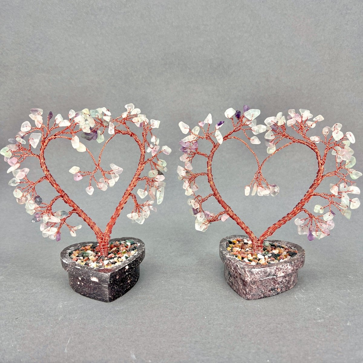 Fluorite Large Gemstone Tree Copper Wire On Soapstone Base (5 To 6 Inches) (Set Of 2) Crystal Chip Style Decorative Display