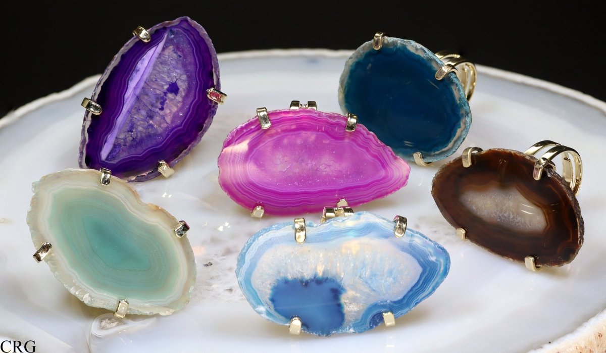 Agate Slice Adjustable Ring with Gold Plating (1.5 Inches) (1 Piece)