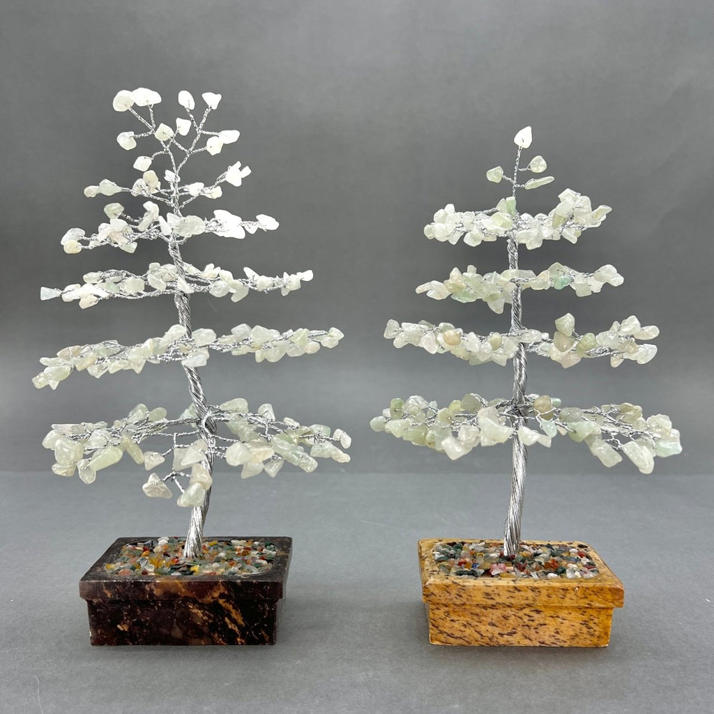 Green Aventurine Large Gemstone Tree Silver Wire On Soapstone Base (5 to 6 Inches) (Set of 2) Crystal Chip Style Decorative Display
