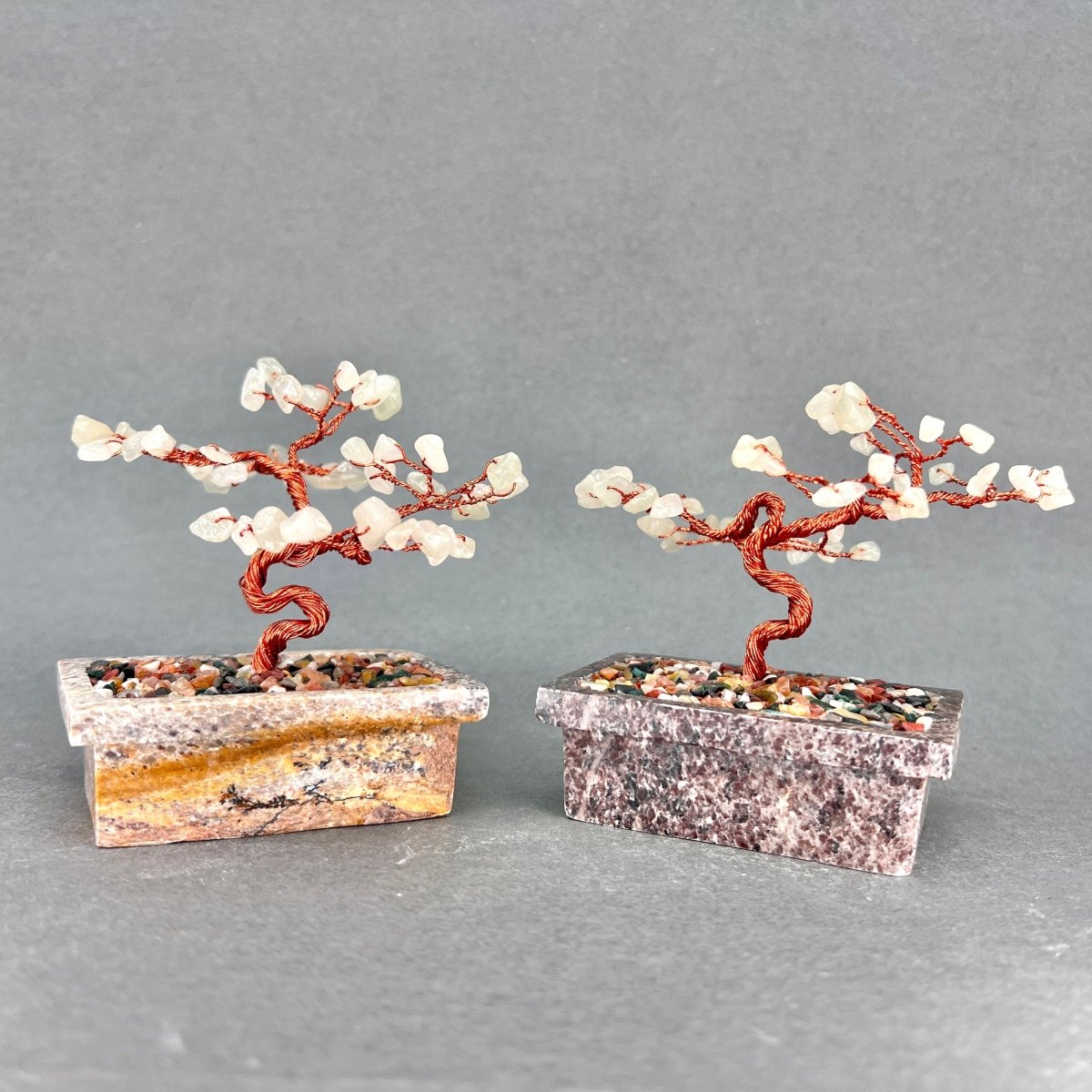 Green Aventurine Tiny Gemstone Tree Copper Wire On Soapstone Base (4 to 5 Inches) (Set Of 2) Crystal Chip Style Decorative Display