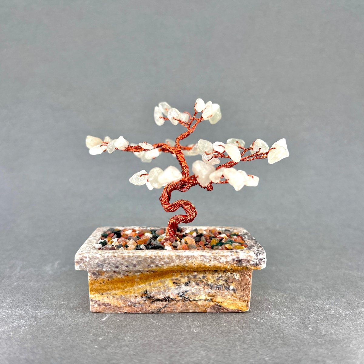 Green Aventurine Tiny Gemstone Tree Copper Wire On Soapstone Base (4 to 5 Inches) (Set Of 2) Crystal Chip Style Decorative Display
