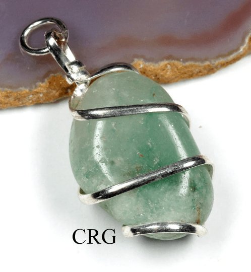 Green Aventurine Tumbled Pendant with Silver Spiral Wrapping (4 Pieces) Size 1 to 1.5 Inches