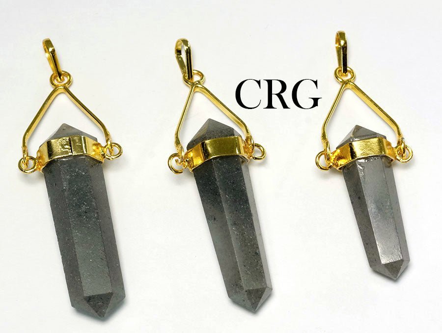 Grey Aventurine Point Pendant with Gold Plated Swivel Bail (2 Inches) (1 Piece) (INJD)
