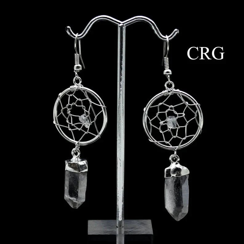 Dream Catcher Earrings with Clear Quartz Crystal Point/Silver Plated