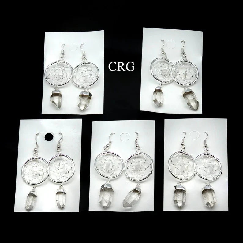 Dream Catcher Earrings with Clear Quartz Crystal Point/Silver Plated