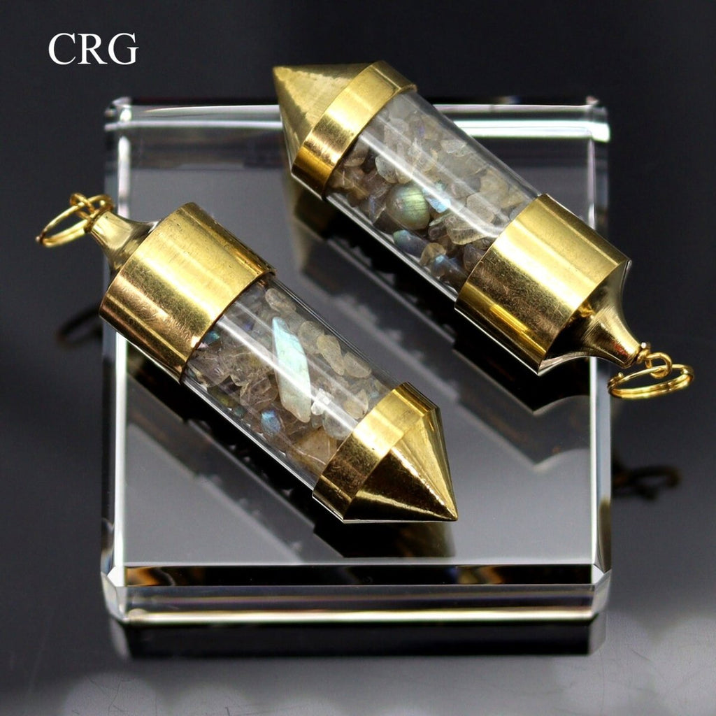 Labradorite Gemstone Chips in Gold-Plated Bottle Pendant (2 Pieces) Size 2.5 Inches (INJD)