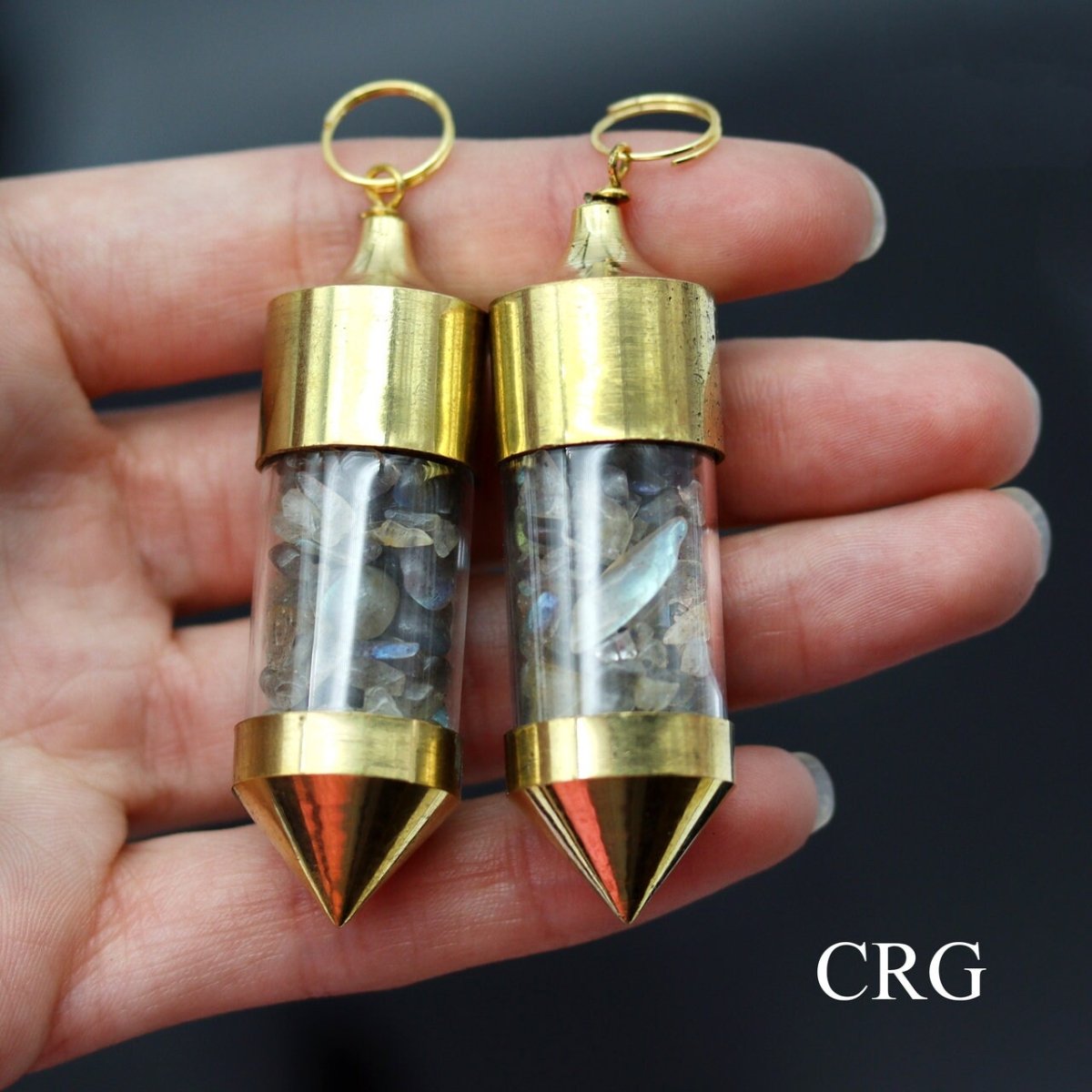 Labradorite Gemstone Chips in Gold-Plated Bottle Pendant (2 Pieces) Size 2.5 Inches (INJD)