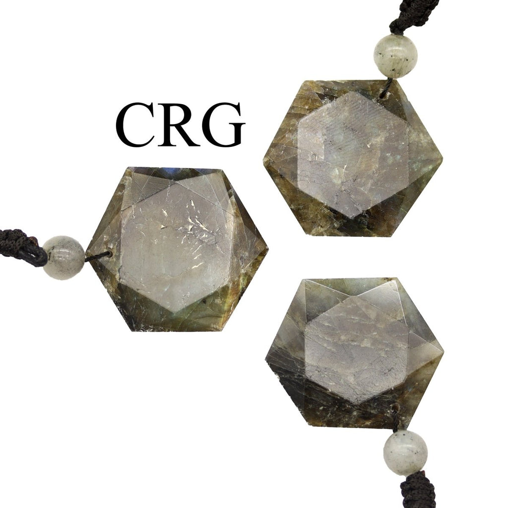 Labradorite Faceted Hexagon Pendant with Black Cord (1.5 Inches) (4 Pieces) (INJD)