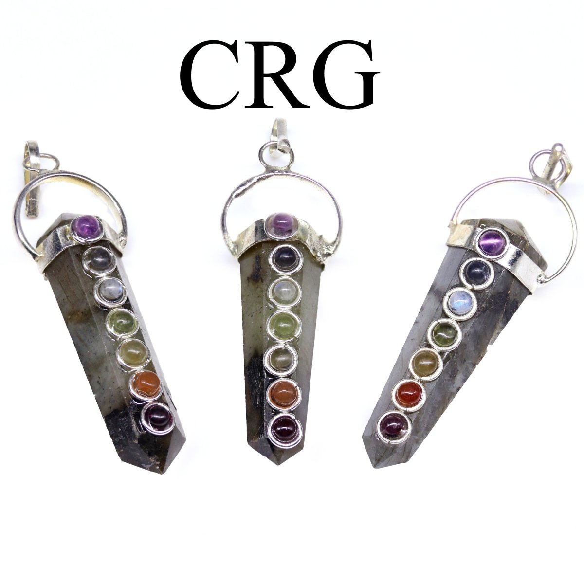 Labradorite Point Pendant with 7 Stone Detail and Silver Plating (1.5 Inches) (4 Pieces) (INJD)