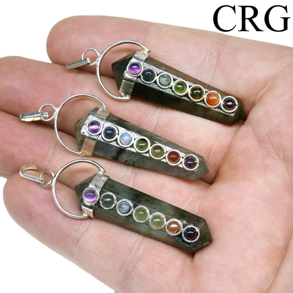 Labradorite Point Pendant with 7 Stone Detail and Silver Plating (1.5 Inches) (4 Pieces) (INJD)